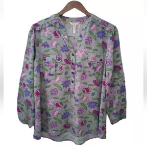 Matilda Jane Womens M Gray Floral Jacobean Popover Shirt Blouse Top Ruffle Boho